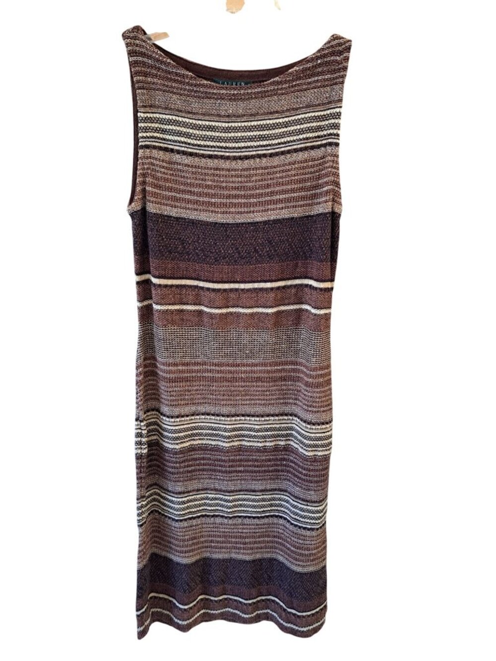 Vtg Lauren Ralph Lauren Womens Sleeveless Striped Knit Dress Brown Linen Bld L